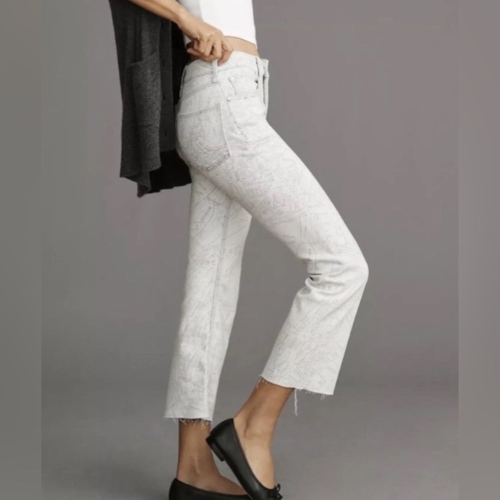 Pilcro Anthropologie Yaya Crop Flare Jeans | Paris Map Etched Denim | 24